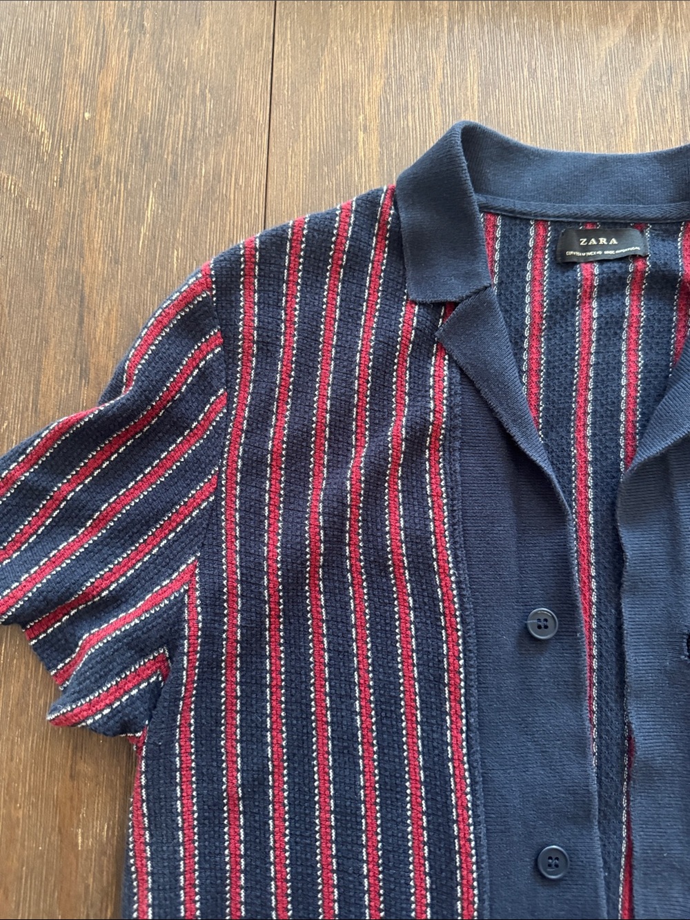 Zara Navy and Red Striped Button-Down Casual Shirt